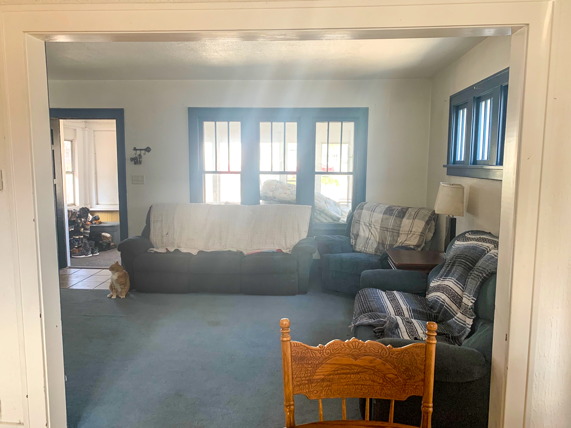 large carpeted living room with windows and couches